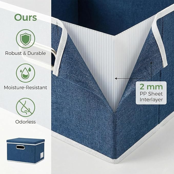 Storage Bins with Lids [3-Pack] Linen Fabric Foldable Storage Boxes Organizer Containers Baskets Cube with Cover for Bedroom Closet Office Royal Blue（11.4X8.6X6.7
