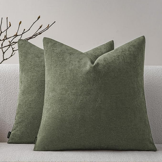 a moment Pack of 2 Decorative Chenille Throw Pillow Covers with Twill Cushion Covers for Sofa Living Room Couch Bed 20x20 Inch Olive Green