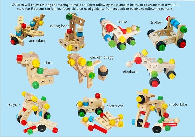 TOWO Wooden Nuts and Bolts Set Building Blocks Construction Kit 31 Pieces Travel Toy- Model Building Tool Kits for Kids -Toys Building Tools for 4 Years Old-Compatible with TOWO Bench Chair Set
