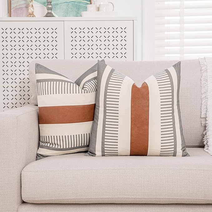 2 Pack 18x18 Inch Pillow Covers - Brown Faux Leather & Gray Stripe Print Soft Cotton Splicing, Same Pattern Both Sides | for Sofa Couch Bed Living Room, Farmhouse Industrial Minimalist Decor