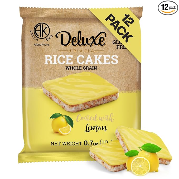 Deluxe & Bla Bla Rice Cakes 12 Pack – Whole Grain, Gluten-Free, Kosher, Low-Calorie Snack - Coated with Lemon - Healthy & Crunchy Treat - Individually Wrapped, (19g Each)