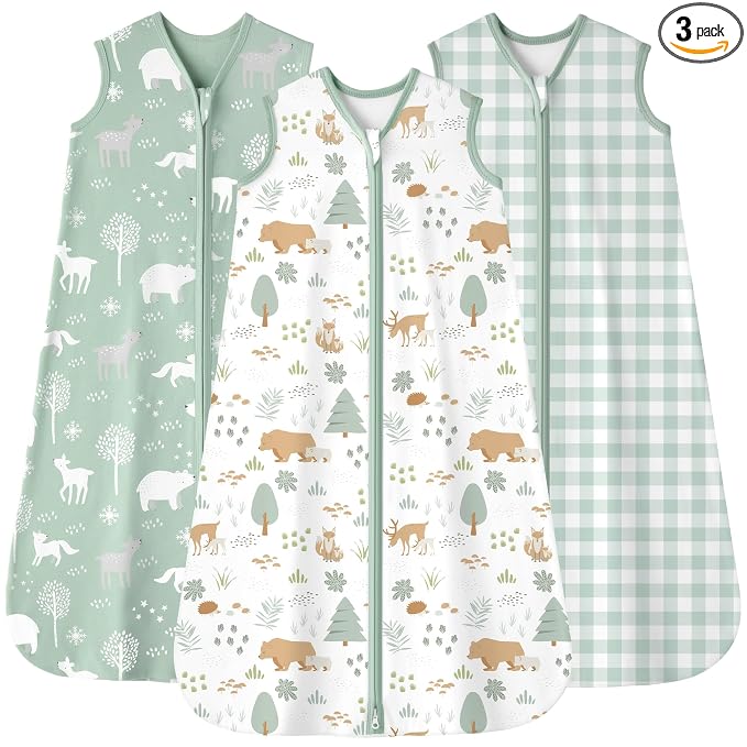 Baby Sleep Sack 0-6 months, 100% Cotton Sleeping Sack for Newborn and Infant, 3 Pack Baby Wearable Blanket, 0.5 Tog Lightweight Double Zipper Sleep Bag Small Green Forest Bear