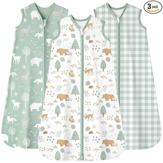 Baby Sleep Sack 0-6 months, 100% Cotton Sleeping Sack for Newborn and Infant, 3 Pack Baby Wearable Blanket, 0.5 Tog Lightweight Double Zipper Sleep Bag Small Green Forest Bear