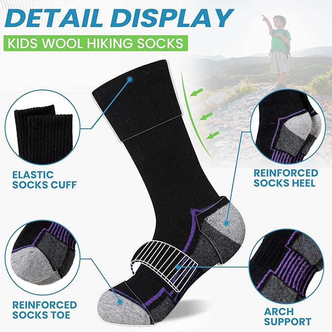 WEVIAS Kids Merino Wool Hiking Socks Boys Thermal Winter Cozy Boot Warm Cushion Socks 6 Pairs