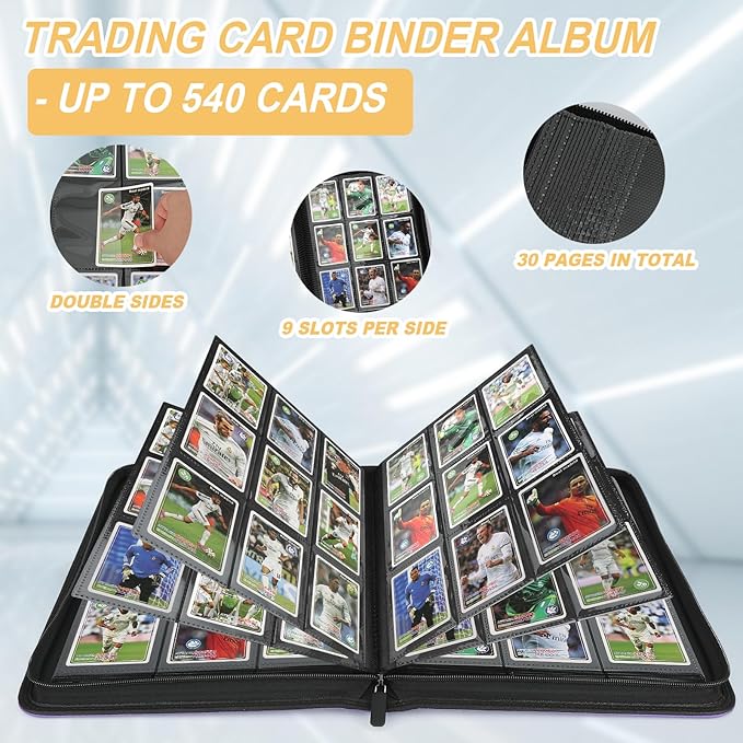 Trading Card Binder 9 Pocket, GERMUN PU Cover Card Binder for 540 Cards, Premium Trading Card Collection Binder, Double Sided Pocket Card Album for MTG, TCG (Grey)