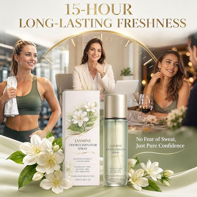 Jasmine Scent Spray & Body Mist, Long-Lasting Whole Body Deodorant for Women & Men, Alcohol-Free Clean Fragrance Deodorant Spray For Everyday Wear, 15 HR Odor Protection, 3.4 Fl Oz