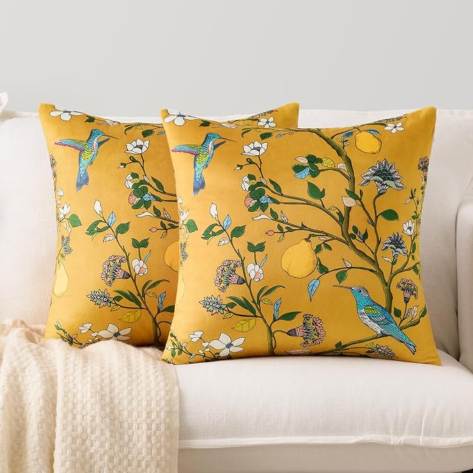 MUSSEL Mustard Yellow Floral Decorative Pillow Covers 18x18 Set of 2 | Soft Velvet,Wild Flower Plant,Throw Pillows Case,Square,Colorful Farmhouse Cushion Covers,Home Sofa Bed Couch Decor
