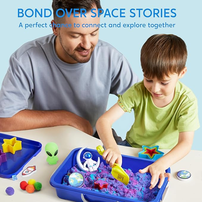 JOVA Klever Kits Outer Space Sensory Bin for Toddlers with Glow in The Dark Alien and Rocks, Sandbox with Lid Dual-Color Sand, Preschool Learning Activities Gifts for Boys Girls Age 3+