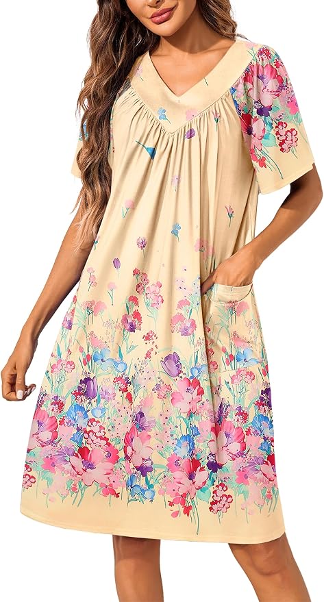 Ekouaer Womens House Dress Floral Print Nightgown with Pockets Mumu Dress