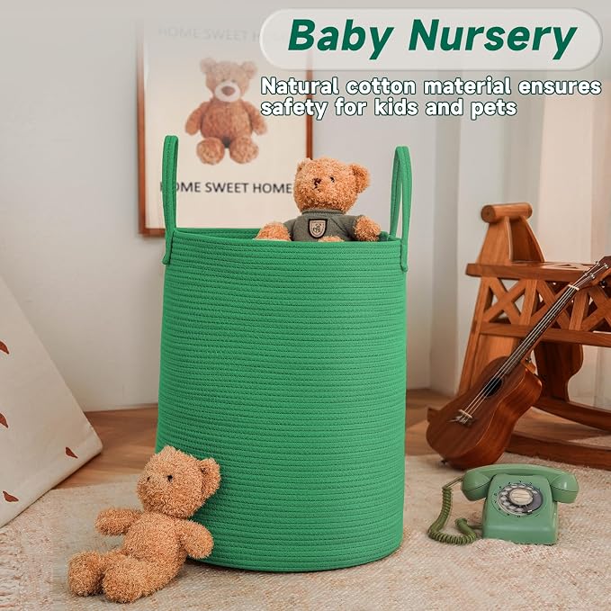 JMvicyroam 80L Cotton Rope Laundry Basket Hamper, Dark Green | Collapsible laundry basket, reinforced handles, freestanding, machine washable, holds 3-5 thick blankets, clothes or toys