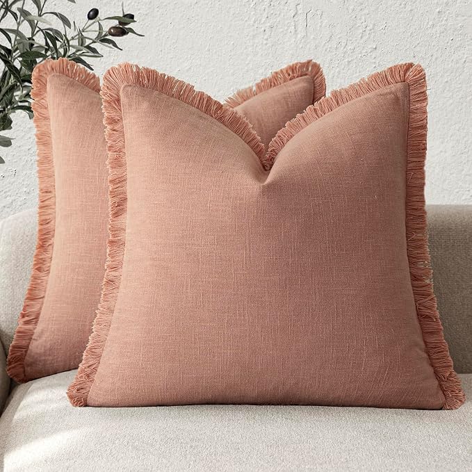 Foindtower Set of 2 Decorative Linen Fringe Throw Pillow Covers Cozy Boho Farmhouse Cushion Cover with Tassels Soft Accent Pillowcase for Couch Sofa Bed Living Room Home Decor,22×22 Inch,Coral Pink