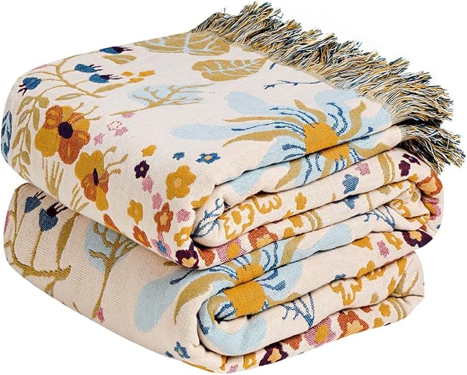 MSGKV Boho Throw Blanket 60"x80" Twin 100% Cotton Floral Blanket for Bed | Twin Size Cotton Throw, Muslin Blanket, Summer Breathable, Farmhouse Decor, Lightweight Comfort, All Season, Machine Washable