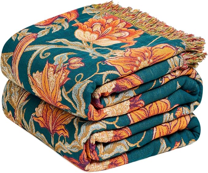 MSGKV Boho Throw Blanket 50"x60" Cotton Bird Floral Blanket for Couch | Muslin Throw, Bird Floral Pattern, Reversible Woven, Lightweight Comfort, Farmhouse Decor, All Seasons, Machine Washable