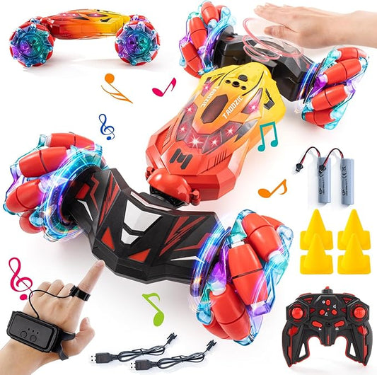 Gesture Sensing RC Stunt Car, 2.4GHz 4WD Stunt Car Toys for Ages 6-12 yr Boys Girls, Hand Controlled Remote Control Twist Cars, Offroad 360° Rotation with Lights and Music for Birthday Gifts