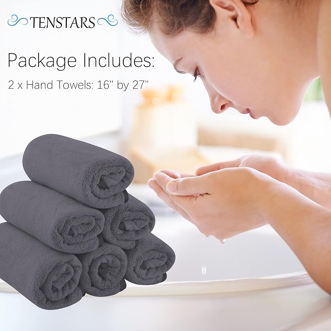 TENSTARS Silk Hemming Hand Towels for Bathroom - Quick Drying - Ultra Soft Microfiber Absorbent Towel for Bath Fitness, Gym, Shower, Hotel, and Spa - 16x28 Inch | Set of 6, Dark Grey