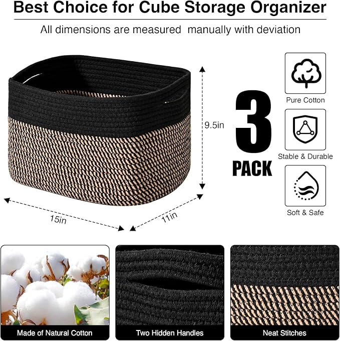 ICERZCZ Storage Baskets for Organizing Shelves, Toy Basket for Kid's Room, Woven Cotton Rope Basket for Decor, Organizing Baskets for Bedroom Living Room, 15"x11"x9.5", 3 Packs, Black & Jute