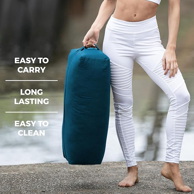Extra Firm Large Yoga Bolster, 24" x 12" x 6" Cinched OR Zippered Yoga Pillow, Rectangular Cotton Cushion With Removable Cover for Studios, 1 Pack or 2 Pack