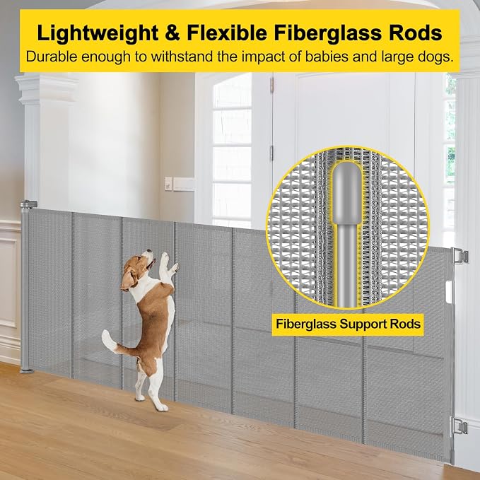 Reinforced 42” Tall x 130” Extra Wide Retractable Dog Gate Extra Tall Pet Gate with Rods to Prevent Crawling Through, Long Baby Gates for Dogs Child Safety Gate Mesh Dog Gate Indoor Outdoor, Gray