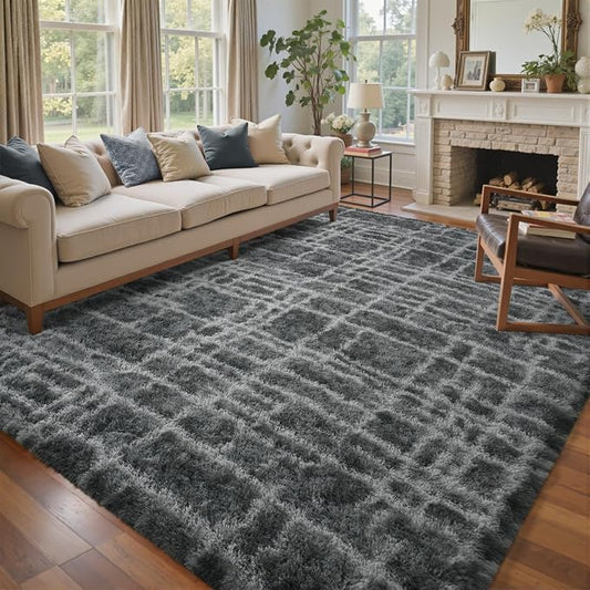 6x9 Ft Large Shag Rugs for Living Room Decor, Tie-Dyed Ultra Soft Fluffy Furry Area Rugs for Bedroom Indoor Floor, Aesthetic Carpet for Kids Home (Grey)