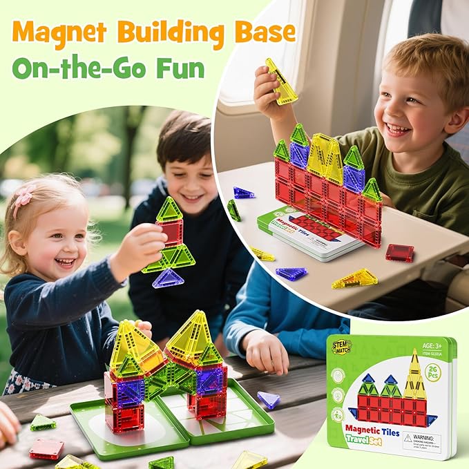 Mini Magnetic Tiles Travel Set, 26PCS Compact Magnetic Building Blocks for Kids Ages 4-8 & Toddlers 1-3, Airplane Toys with Visual Storage Guide & Metal Box