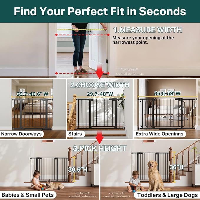 Cumbor 36.6-64" Extra Wide Baby Gate for Stairs, Dog Gates for Doorways, Auto-Close Pet Gate Indoor, Pressure Mounted Walk Through Safety Child Gate for Kids Toddler, Tall Pet Puppy Fence Gate, Black