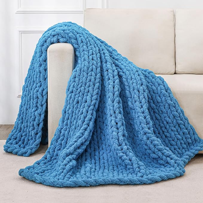 Bigacogo Chunky Knit Throw Blanket for Couch, 40x40 inches, Bright Blue | Hand Knit with Jumbo Chenille, Soft Breathable Cable Knit for Sofa Bed Living Room, Machine Washable, Gift for Mom Friend