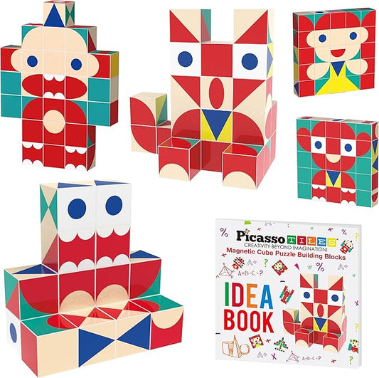 PicassoTiles Infinite Magnetic Puzzle Magic Cube Easy-Connect Brain Teaser Toy Set Magnet Pattern Block Matching Toys Free Ideabook 150+ Inspirations STEM Learning Kids Boys&Girls Age3+ PTC25