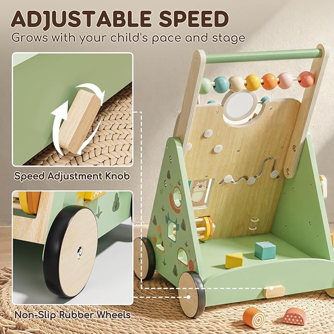 Lehoo Castle Wooden Baby Walker, Adjustable Speed Montessori Walker with Activity Center for Boys Girls, Baby Push Walker Toys for 1 Year Old Learning to Walk