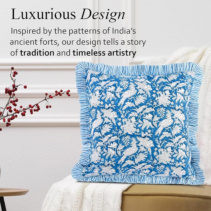 CPC Block Print Ruffle Throw Cover Blue Sapphire 18"x18" Inch Pack of 2-100% Cotton Ruffle Couch Decorative Boho Pillows Case for Living Room, Bedroom, Sofa, Farmhouse Gift for Spring, Mother's Day