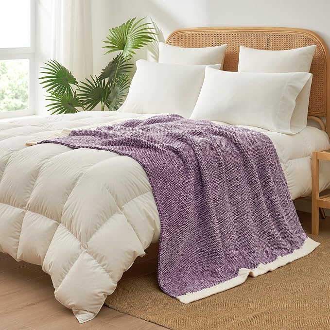Snuggle Sac Buttery Purple Throw Blanket for Couch, Reversible Super Soft Knitted Blankets, Warm Cozy Knit Fuzzy Plush Lightweight Throws Dupes for Sofa, Bed, Picnic, Purple, 50 x 70 inches