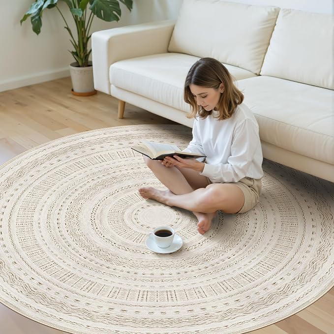 cotiled 6x6 Round Area Rugs Living Room Rug: Washable Boho Rugs with Non Slip Backing Large Soft Indoor Stain Resistant Carpet for Bedroom Farmhouse Dining Room Lightweight Home Decor Brown/Cream