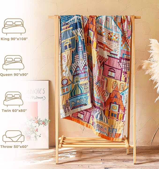 LUTBM Boho Throw Blanket for Bed 60"x80", All Season Cotton Couch Blankets | Reversible Classical Architecture Jacquard, All-Season Twin Lightweight Quilt, For Chair Sofa Bedroom Living Room Decor