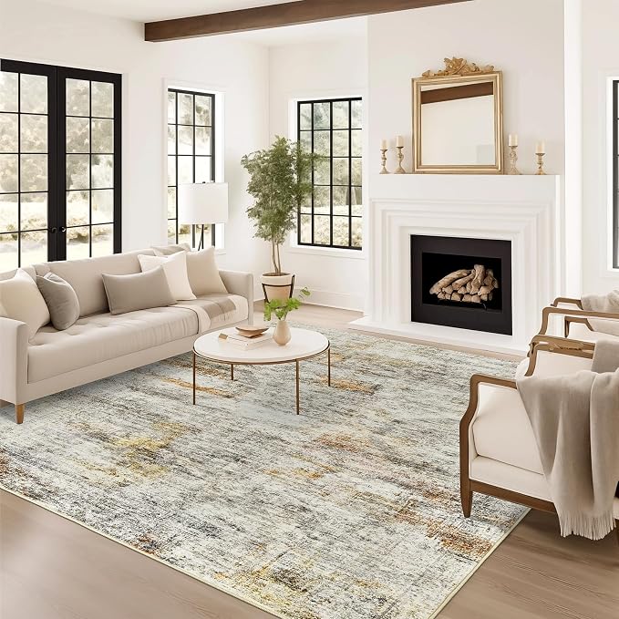 Soalmost 6x9 Area Rug for Living Room Washable Rugs Non-Slip Grey/Rust | Low-Pile Vintage Carpet for Dining Bedroom, Foldable Thin Stain Resistant Floor Mat Under Table Home Office Nursery Decor