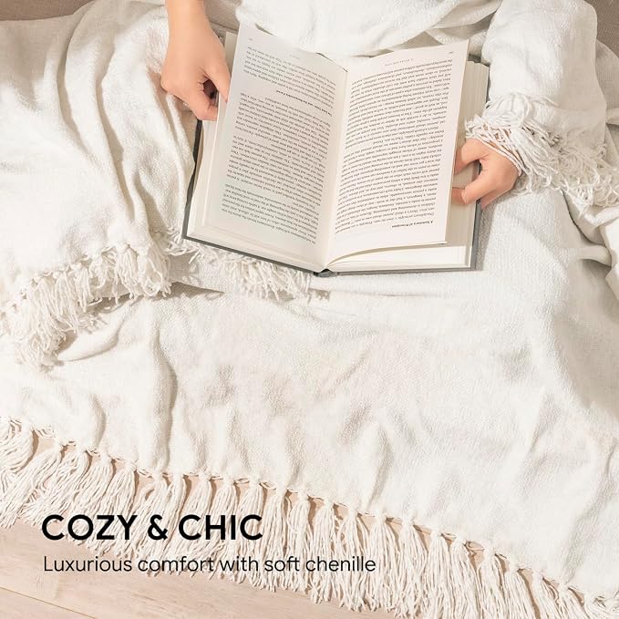 RECYCO Chenille Throw Blanket for Couch, 60"x80", Ivory White | Super Soft Knit Throw Blanket with Fringe Tassels, Lightweight Knitted Throw, Cozy, Ideal for Sofa Chair Bed Living Room Gift