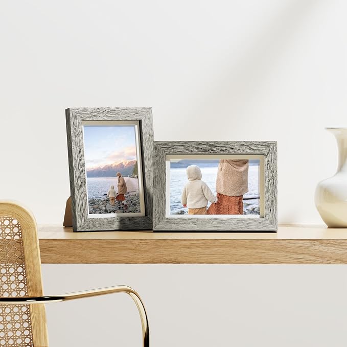 Vittanly 4x6 Picture Frames Set of 9 for Wall or Tabletop Display, Grey | Display Pictures 3.5x5 with Mat or 4x6 without Mat, Small Photo Frames, Engineered Wood with Shatter Resistant Plexiglass