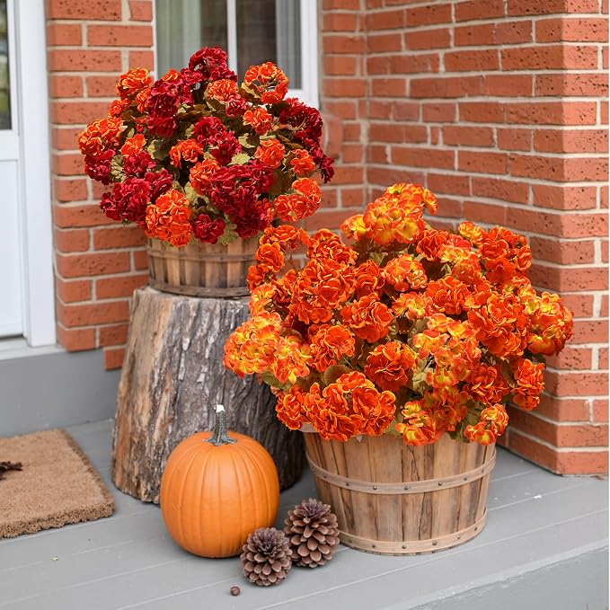 Fake Geraniums Artificial Flowers for Outdoors Fall Autumn Decoration, 6 Bundles Silk Geraniums Look Real Faux Fall Flowers Plants for Front Door Garden Planter Patio Balcony Yard Home Indoor, Mix