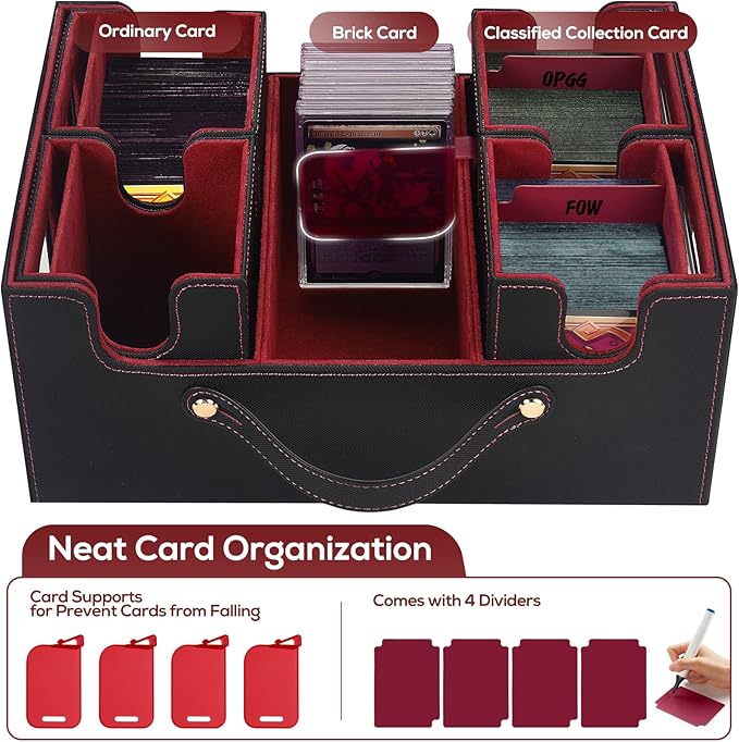 Trading Card Storage Box for MTG, MTG commander deck box，Multi-purpose Deck Case for MTG TCG Sports Card, 4 Toploaders, 4 Stoppers, 4 Colorful Dividers (Black & Red)