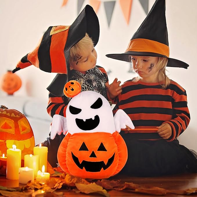 Halloween Pumpkin Plush Ghost Toy, 12 Inch Cute Spooky Jack O' Lantern Ghost Stuffed Animal, Soft Plushies Pillow Halloween Party Decor and Gifts for Kids Boys Girls