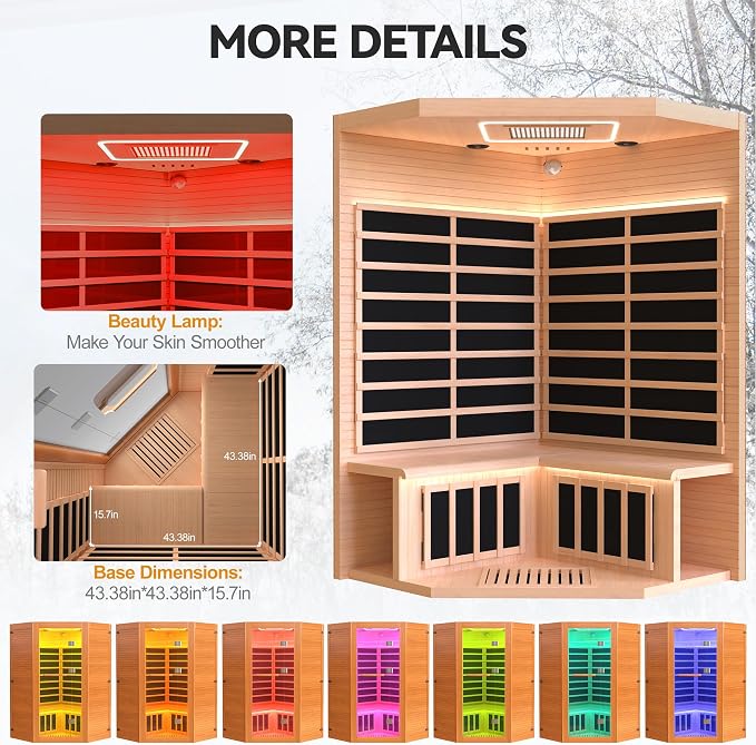 HUGROVE 2-3 Person Low EMF FAR Infrared Sauna for Home, Indoor Canadian Hemlock Dry Heat Sauna Kit with Bluetooth Speakers, LED Lights & Smart Control Panel