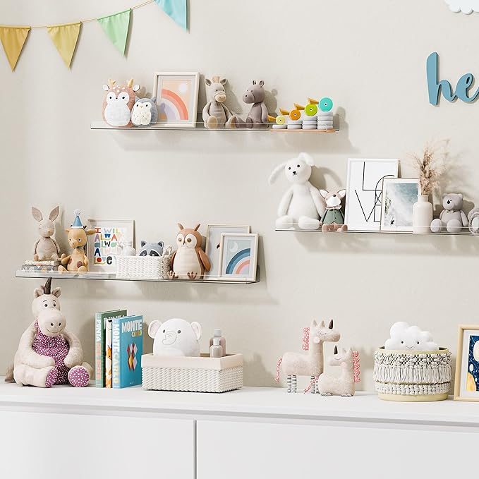 upsimples 15" x 4" Acrylic Shelves for Wall Storage and Organizer, 6 Pcs | Versatile Clear Floating Bedroom Shelves for Figures & Collectibles, Kids Bookshelf, Invisible for Displaying, Room Décor