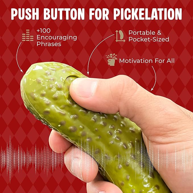 DR DINGUS Emotional Support Pickle - +100 Positive Inspirational Phrases - Press Button - Funny Family Friendly Gag Toy for Class, Office, Gift, Friends