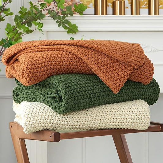Chunky Cable Knit Throw Blanket Lightweight Beige 100% Organic Cotton Blanket for Sofa Couch Bed Baby Nursery, Rustic Shabby Chic Modern Farmhouse, 51” x 63” Give Laundering Bag