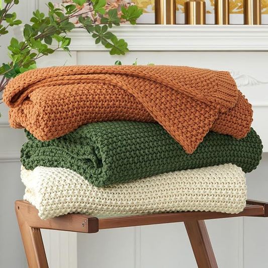 Chunky Cable Knit Throw Blanket Lightweight Olive Green 100% Organic Cotton Blanket for Sofa Couch Bed Baby Nursery, Rustic Shabby Chic Modern Farmhouse, 51” x 63” Give Laundering Bag