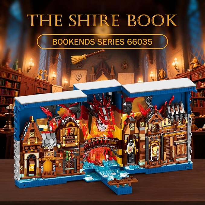 Shire Booknook Building Set with Light, H.obbit-Themed DIY Bookend Building Block Kit for Adults, Medieval Dragon Book Nook 3398PCS, Bookshelf Home Decor for Kids Boys Girls Age 14+