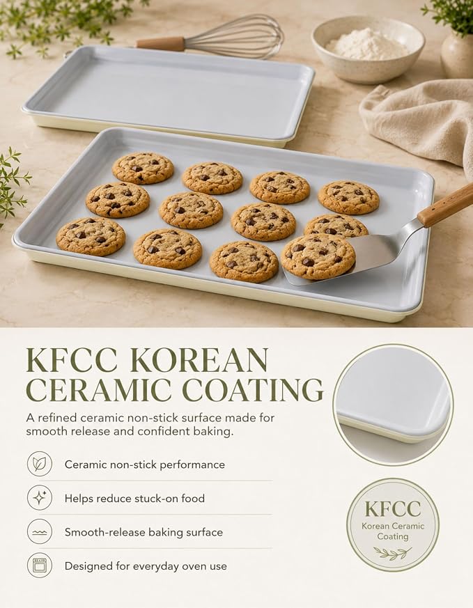 Boxiki Kitchen Ceramic Baking Sheet Half Size 17"x11" - Heavy Duty 0.6mm Aluminized Steel Pan, KFCC Ceramic Nonstick Cookie Sheet, Oven Safe to 550°F, Rustproof & Warp Resistant Baking Tray (2PCS)