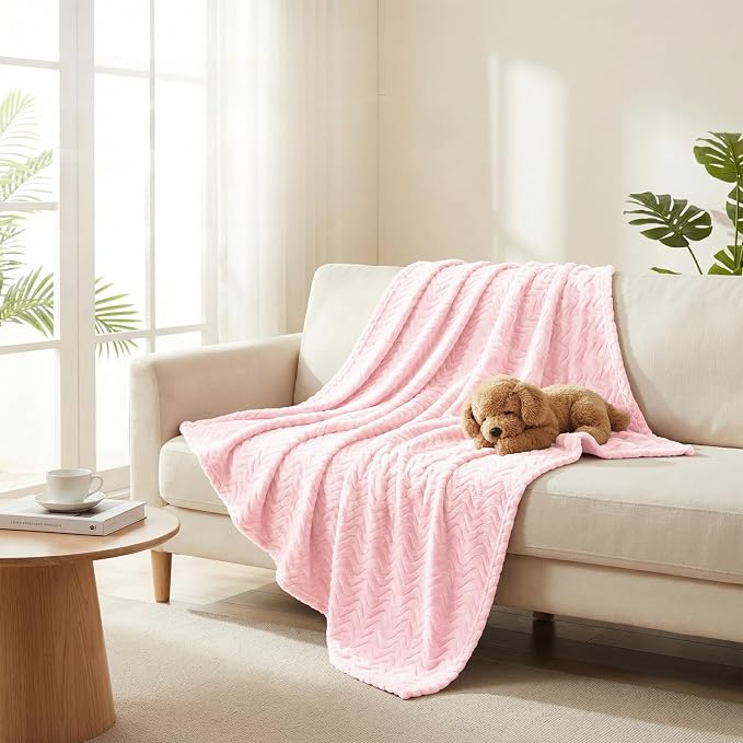 Exclusivo Mezcla Large Fleece Throw Blanket for Couch, Sofa, Light Pink | 50"x70" Soft Breathable Lightweight Flannel Throws for Summer, Plush Cozy Jacquard Wave Blanket for Home Decor