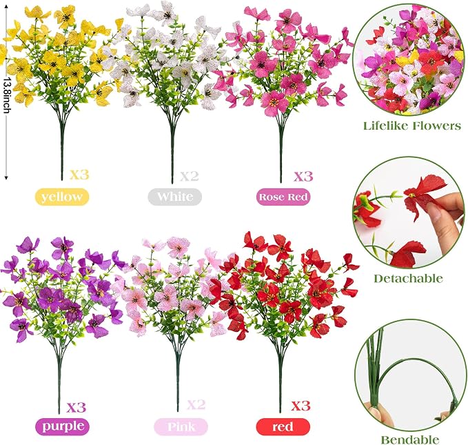 Ouddy Decor 16 Pcs Multicolor Artificial Flowers for Outdoors Decorations | Realistic, silk flowers, faux plastic plants, UV resistant, for summer garden porch window vase indoor outdoor home decor
