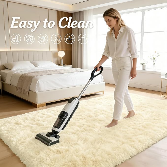 OLANLY 3x5 Machine Washable Small Bedside Rug, Soft Fluffy Shaggy Rugs for Living Room, Bedroom, Indoor Floor Carpet for Kids Girls and Boys, Preppy Dorms, Nursery, Home Decor Aesthetic, Cream