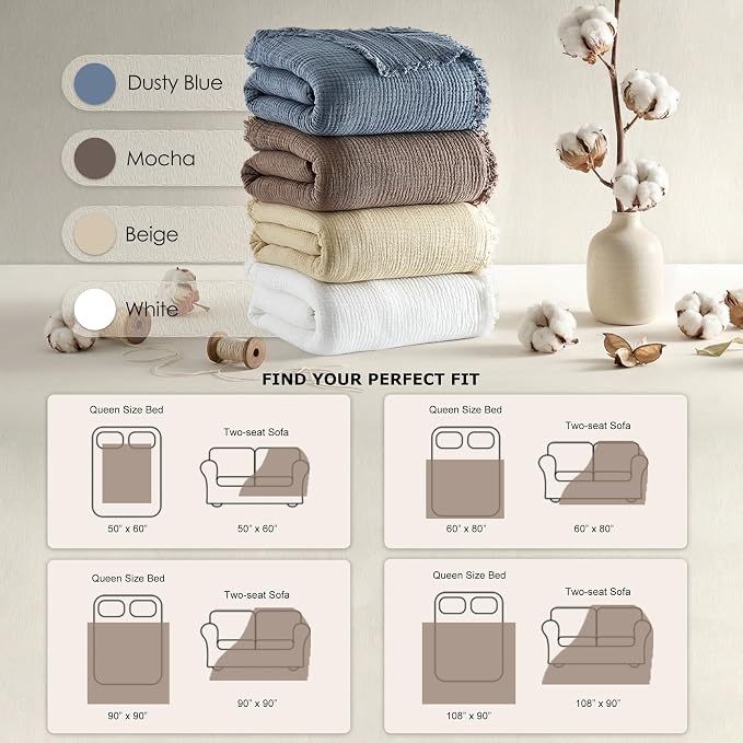 WDCOZY 100% Cotton Muslin Blanket Queen Size 4-Layer for Bed Breathable Lightweight Soft Large Boho Farmhouse Linen Tassels Ruffle Gauze Blankets 90x90 Inches Brown Mocha Chocolate Coffee Taupe