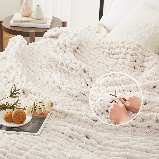 L'AGRATY Chunky Knit Throw Blanket for Couch, 50'' x 60'' Knit Throw, Ivory | Handmade Chenille Crochet Blanket for Sofa Bed, Thick Cable Knitted Blankets for Room Home Decor, Birthday Gift for Women Mom